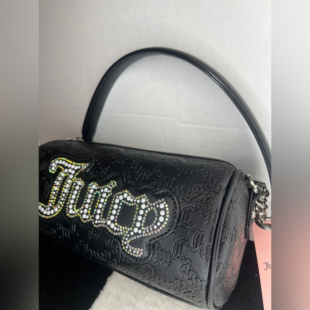 Juicy Couture Black Barrel Shoulder Bag Rhinestone Pearl Logo & Chain Strap - Picture 3 of 10